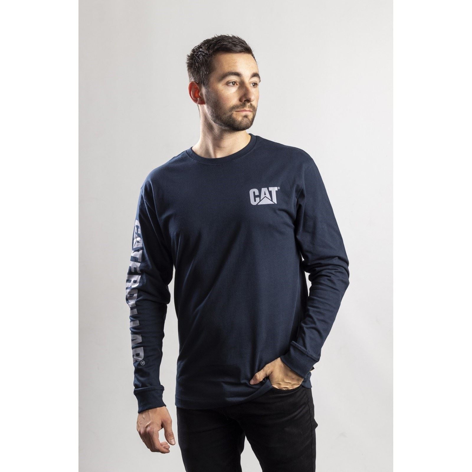 Caterpillar Men's Trademark Banner Long Sleeve T-Shirt in Dark Marine