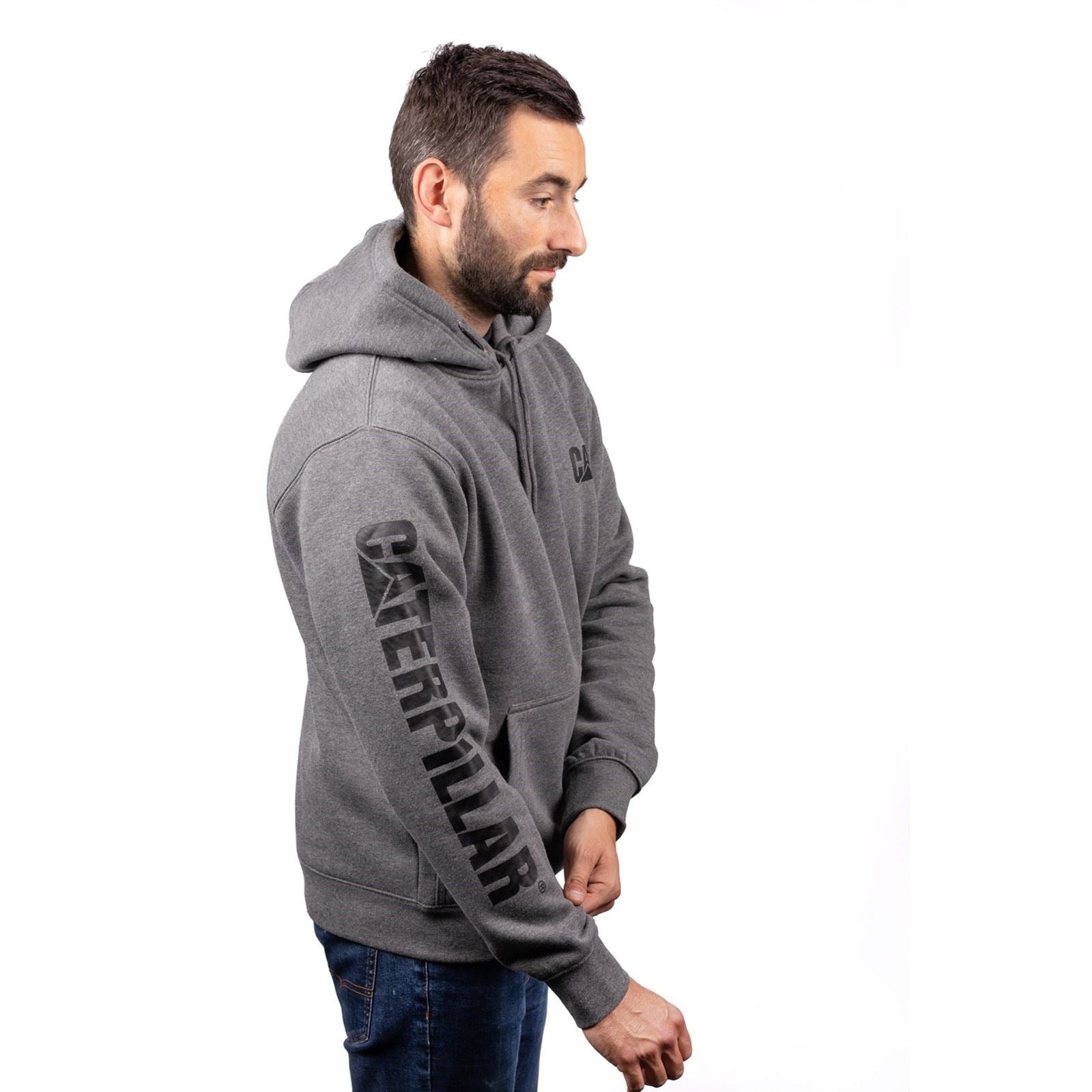Caterpillar Men's Trademark Banner Hooded Sweatshirt in Dark Grey